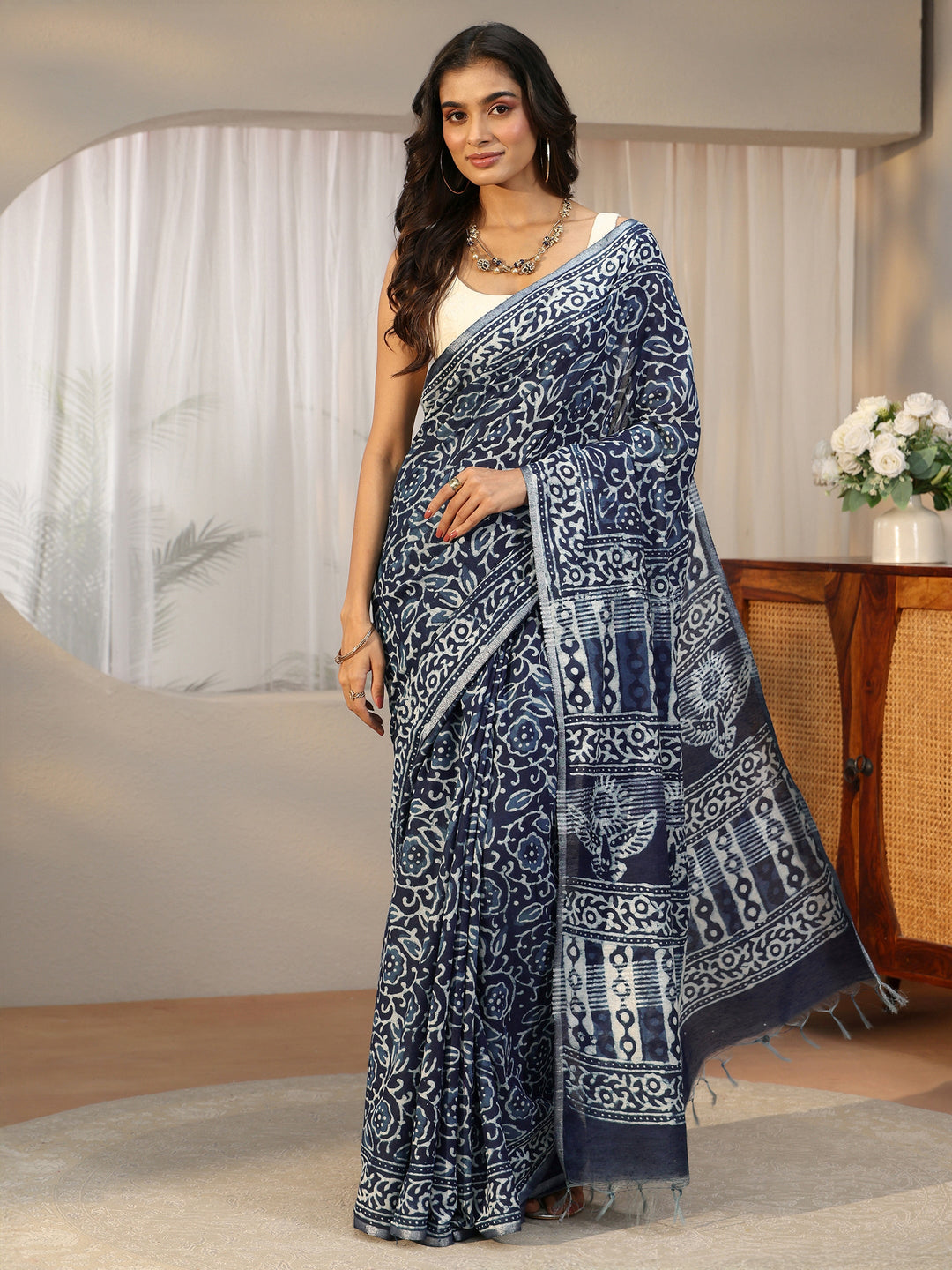  Libas Indigo Blue Floral Dabu Print Cotton Saree 