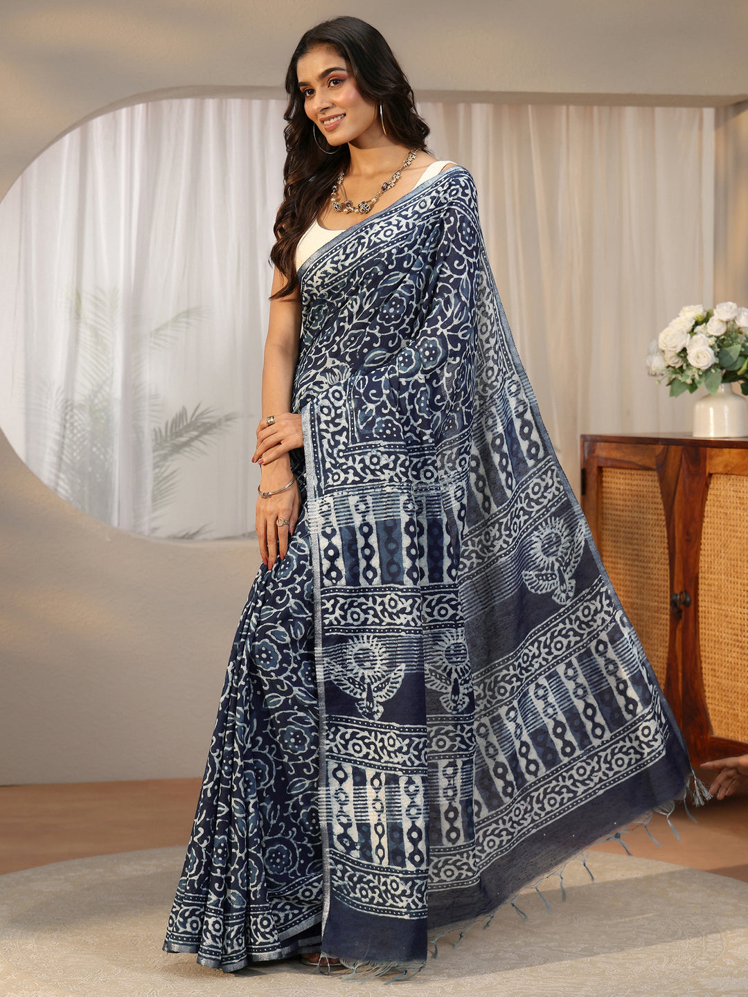  Libas Indigo Blue Floral Dabu Print Cotton Saree 