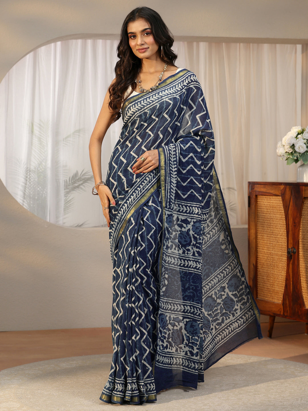  Libas Indigo Blue Chevron Dabu Print Cotton Saree 