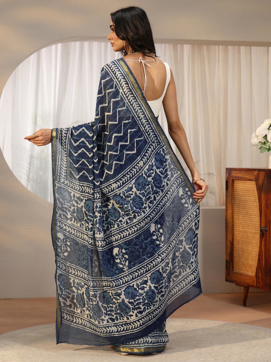  Libas Indigo Blue Chevron Dabu Print Cotton Saree 