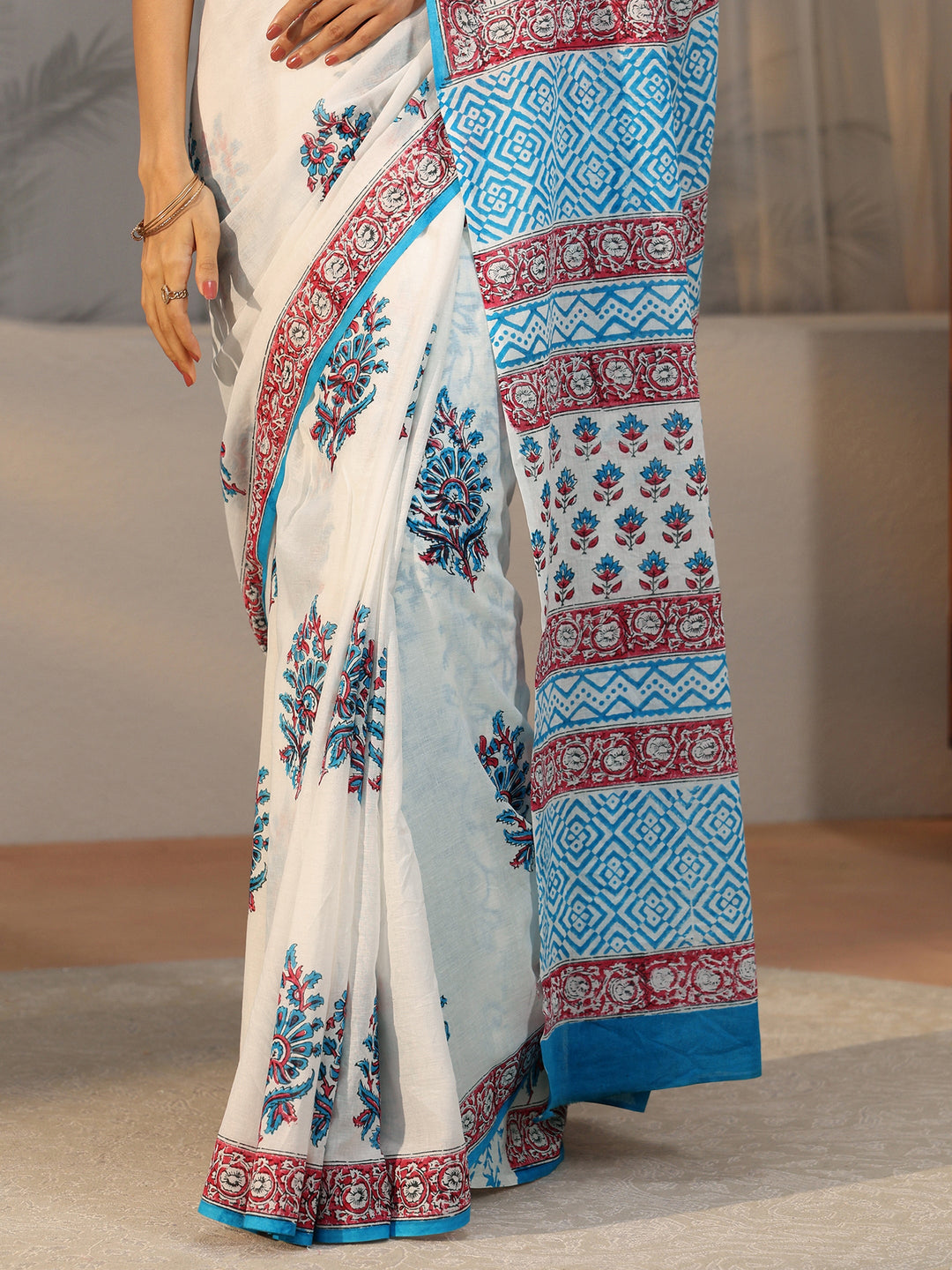  Libas White Floral Block Print Cotton Saree 