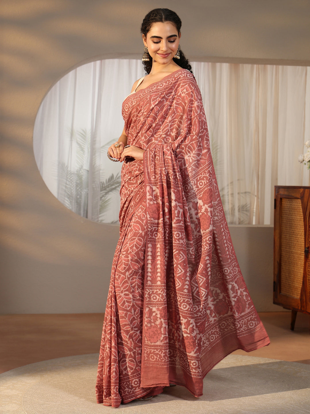  Libas Dusty Pink Batik Printed Cotton Saree 