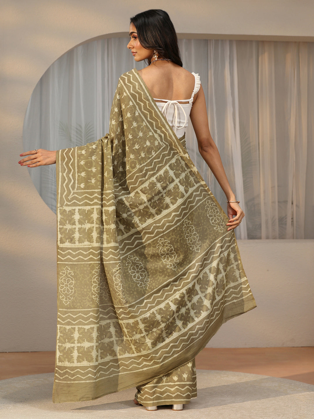  Libas Light Olive Green Dabu Print Cotton Saree 