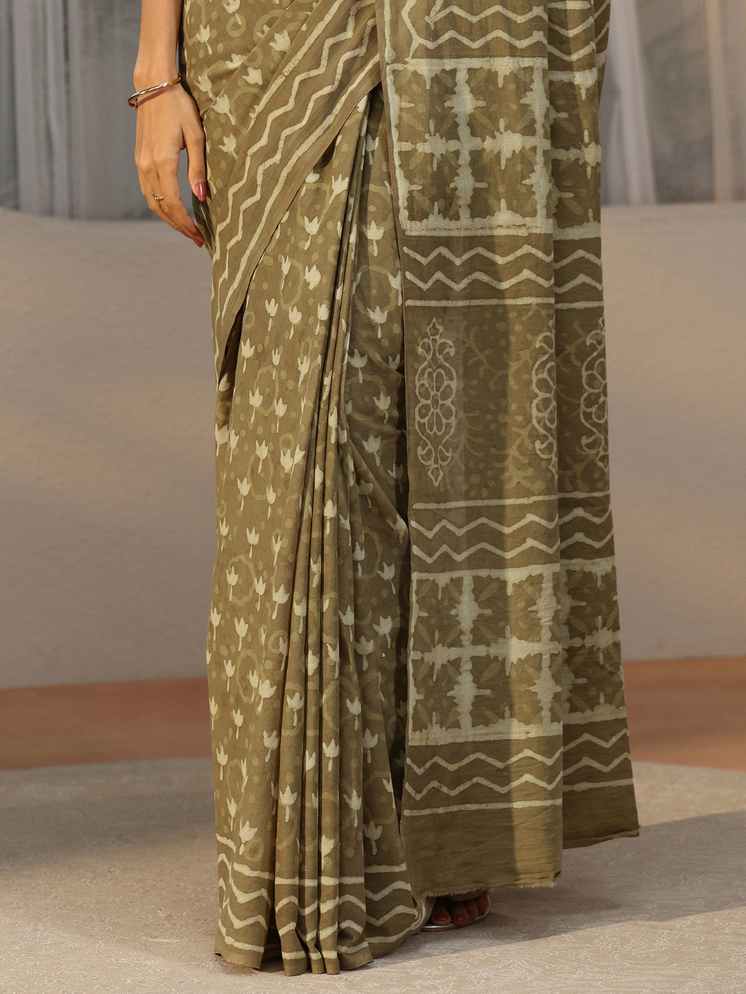  Libas Light Olive Green Dabu Print Cotton Saree 