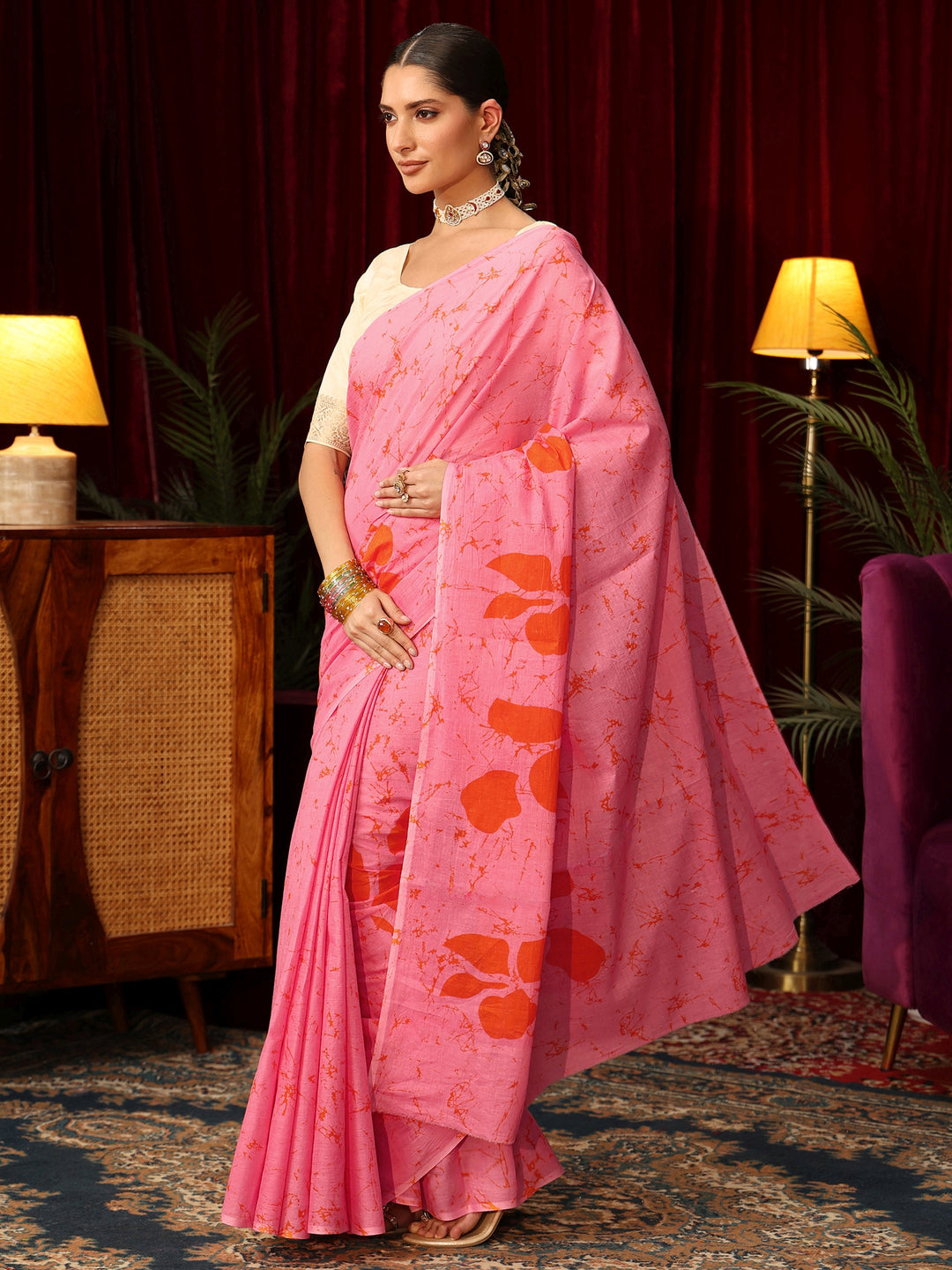  Libas Bubblegum Pink Batik Print Cotton Saree 