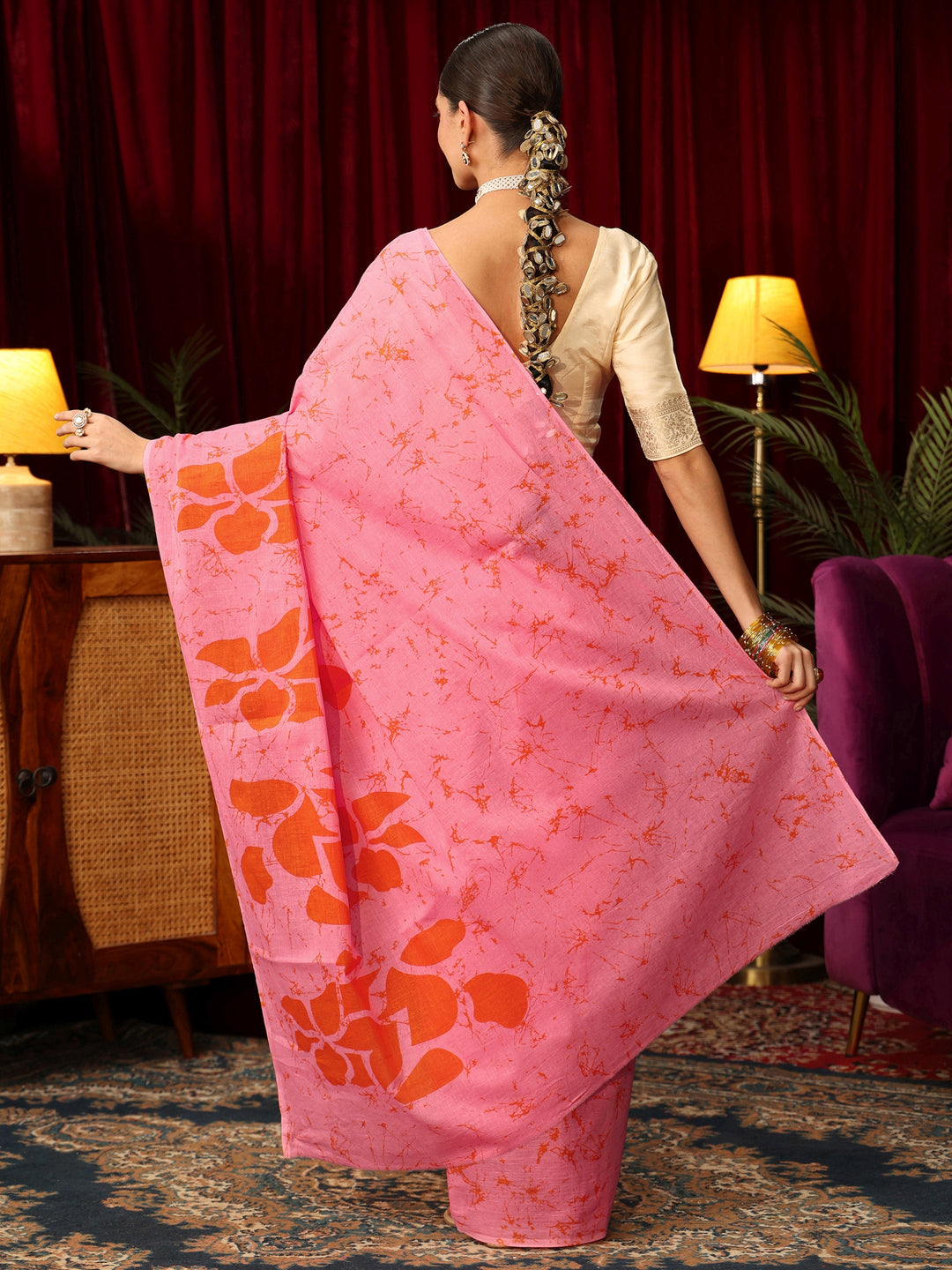  Libas Bubblegum Pink Batik Print Cotton Saree 