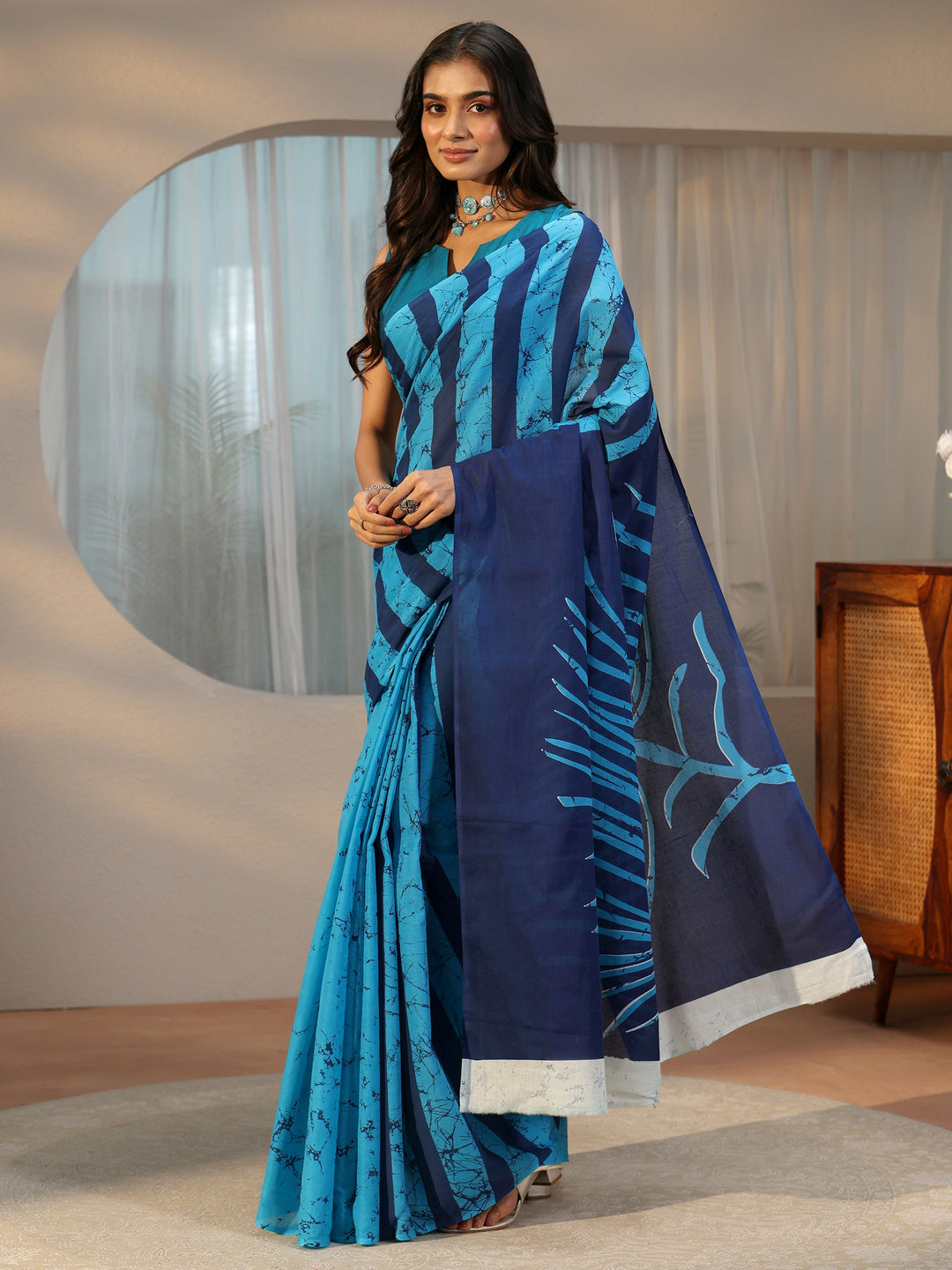  Libas Cerulean Blue Batik Print Cotton Saree 