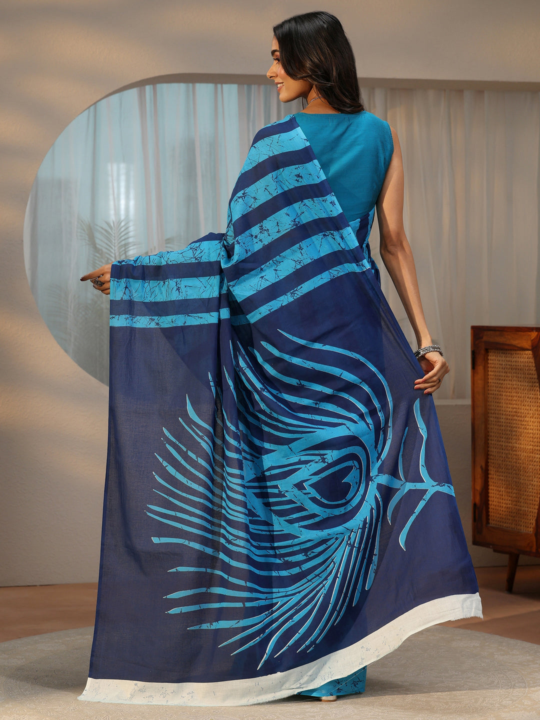  Libas Cerulean Blue Batik Print Cotton Saree 