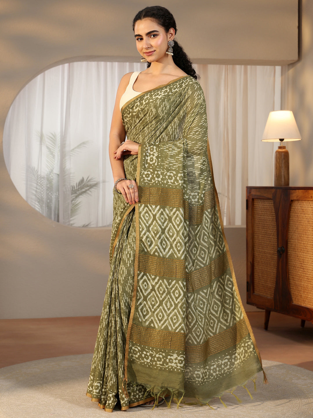  Libas Olive Green Batik Printed Cotton Saree 