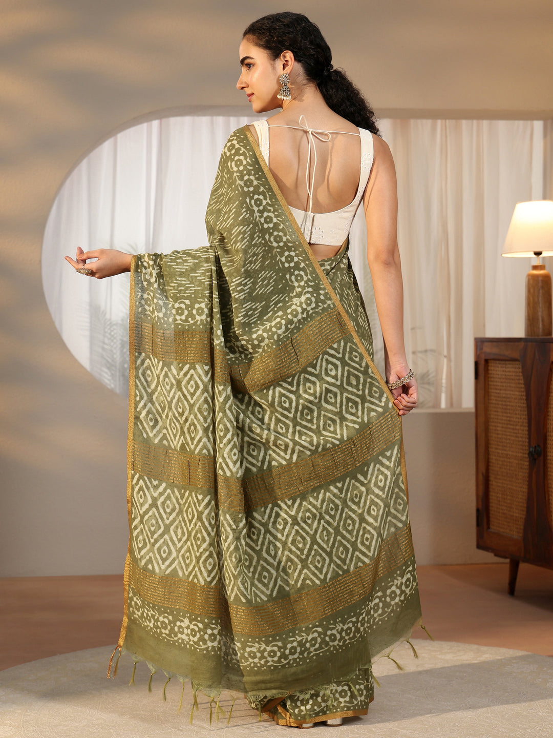  Libas Olive Green Batik Printed Cotton Saree 