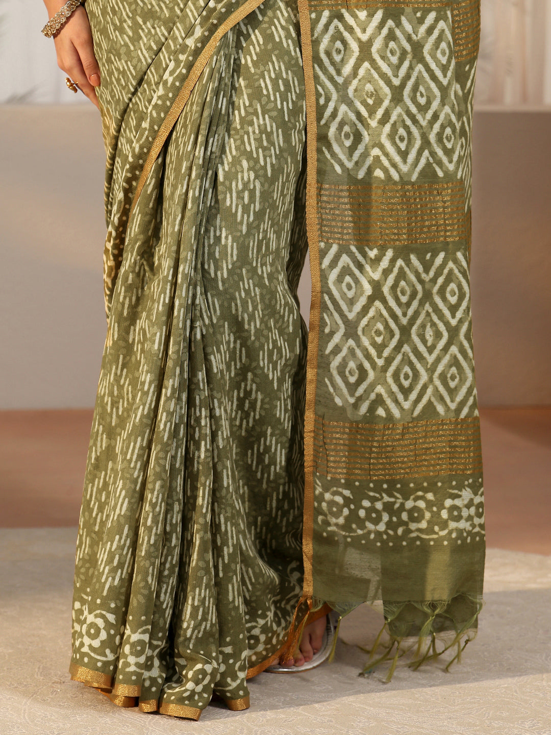  Libas Olive Green Batik Printed Cotton Saree 