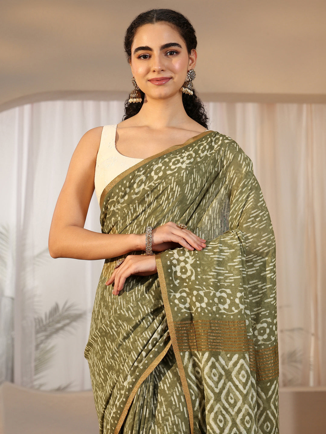  Libas Olive Green Batik Printed Cotton Saree 
