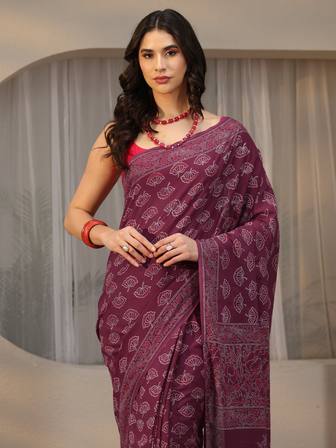  Libas Wine Red Block Print Cotton Saree 