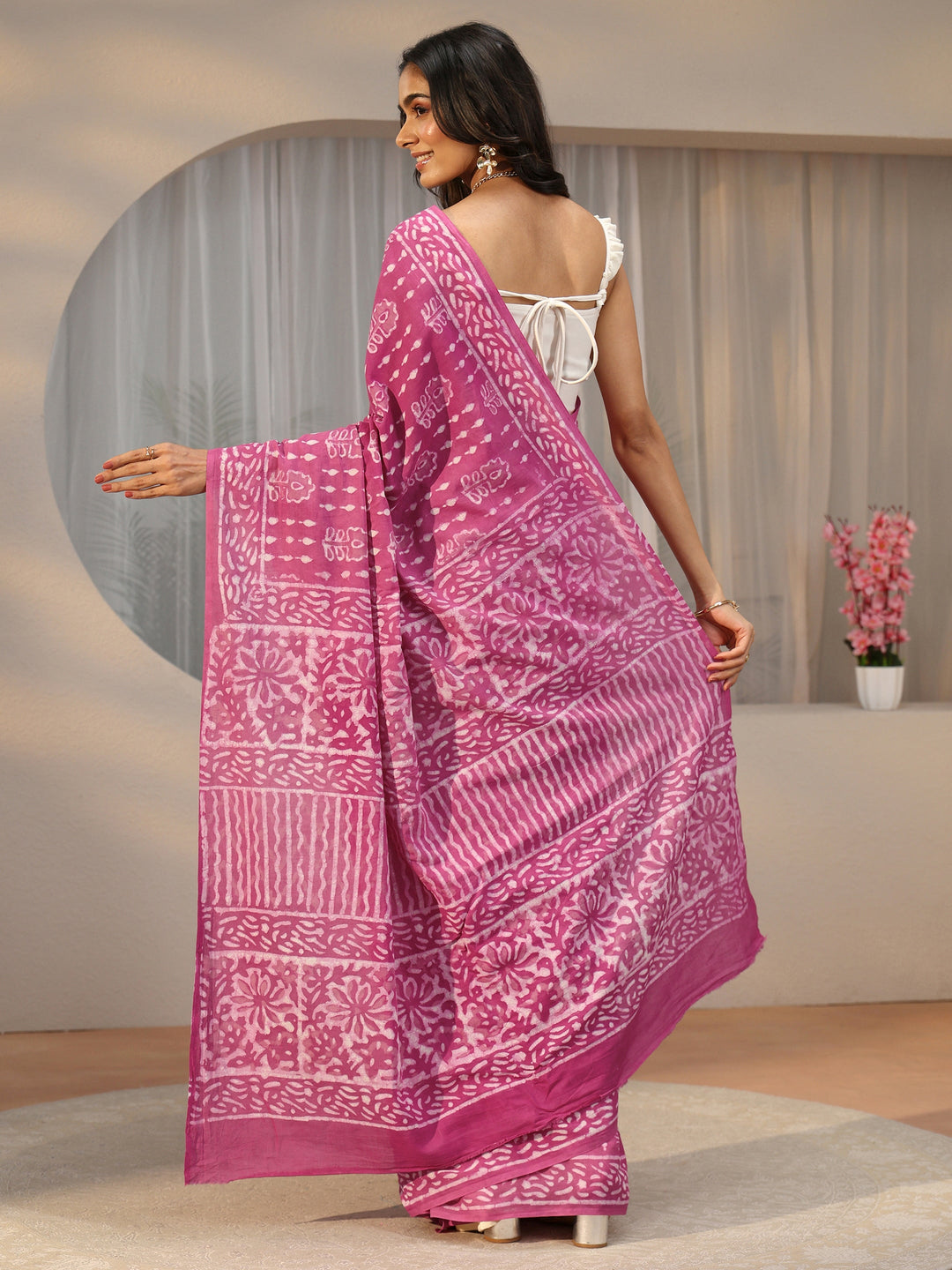  Libas Dusty Rose Pink Dabu Print Cotton Saree 