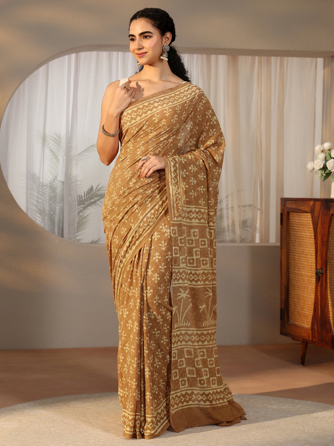  Libas Mustard Batik Printed Cotton Saree 