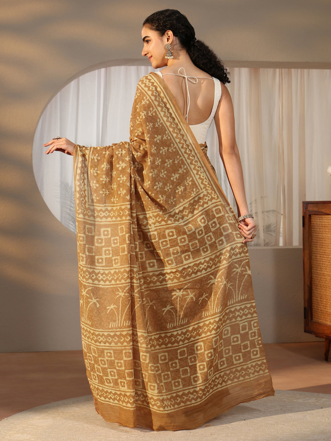 Libas Mustard Batik Printed Cotton Saree 
