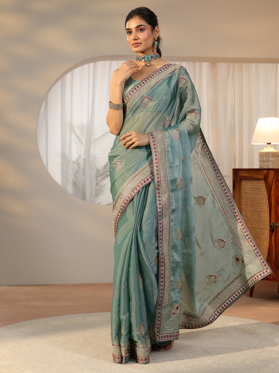  Libas Sea Green Embellished Tissue saree 