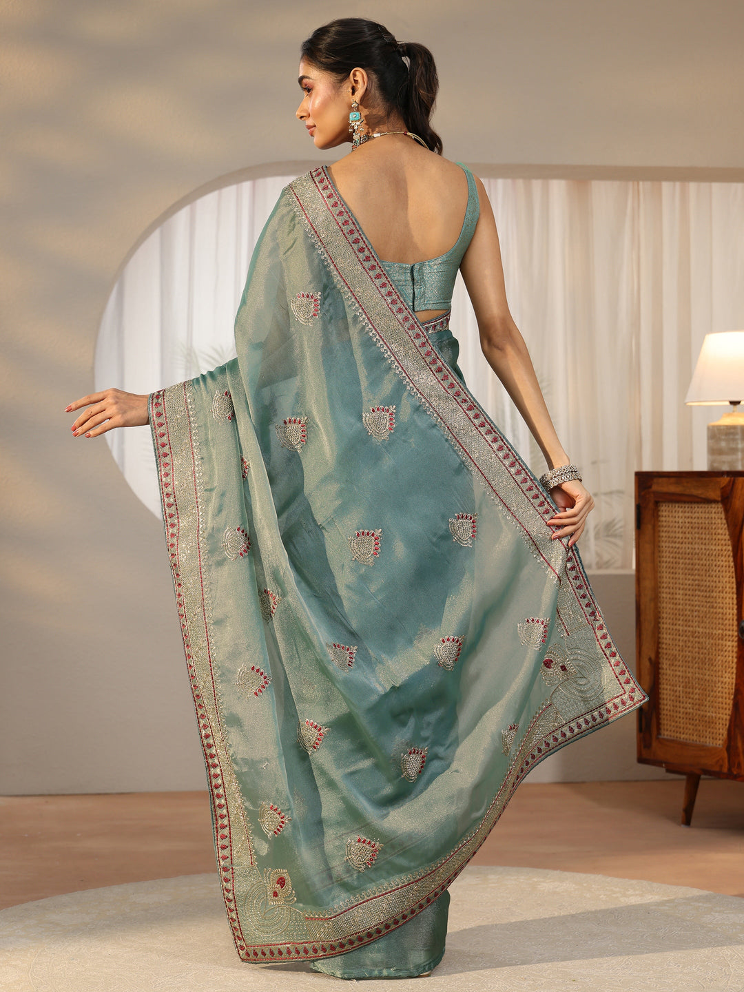  Libas Sea Green Embellished Tissue saree 
