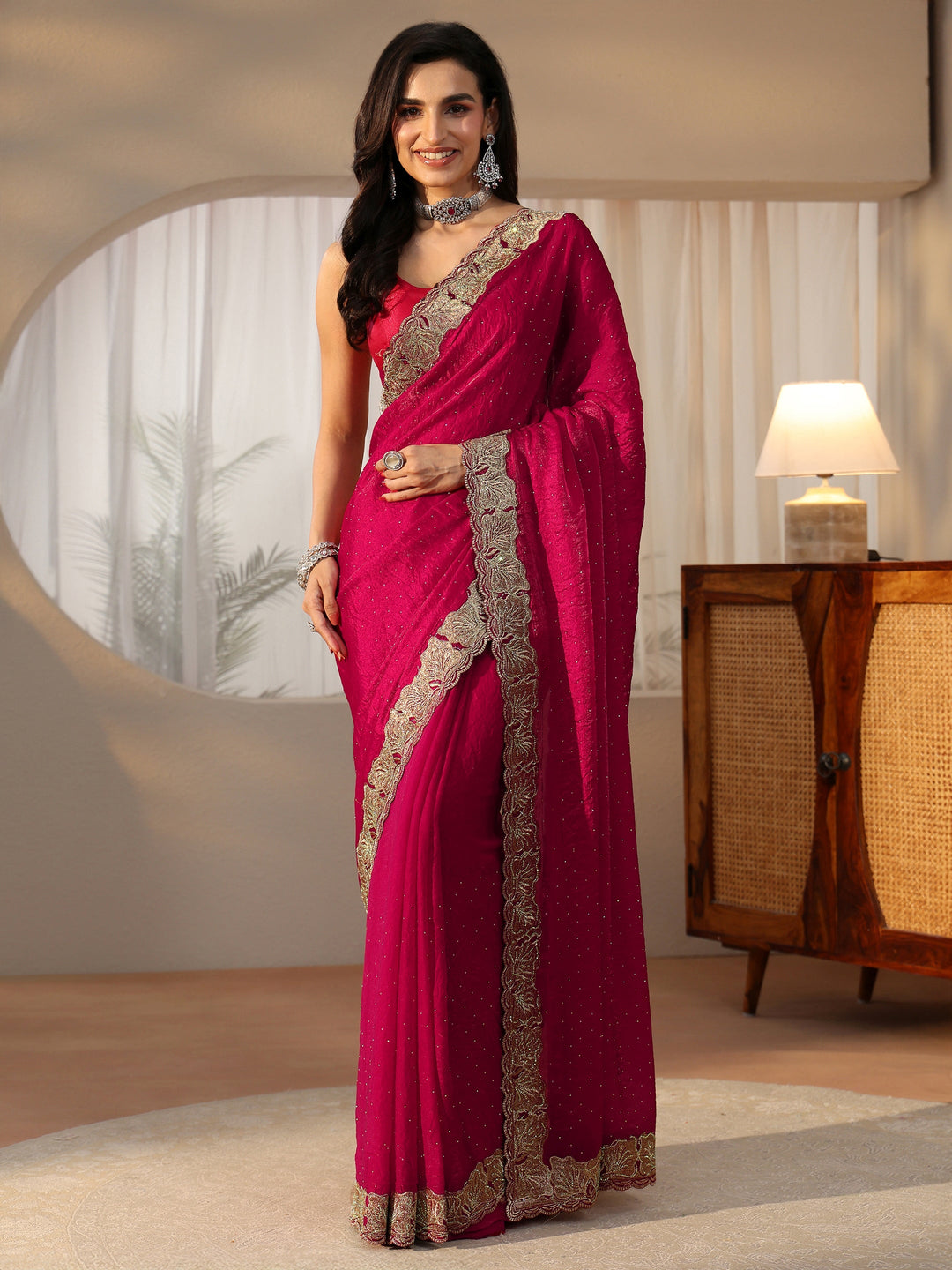  Libas Rose Pink Embellished Tissue saree 