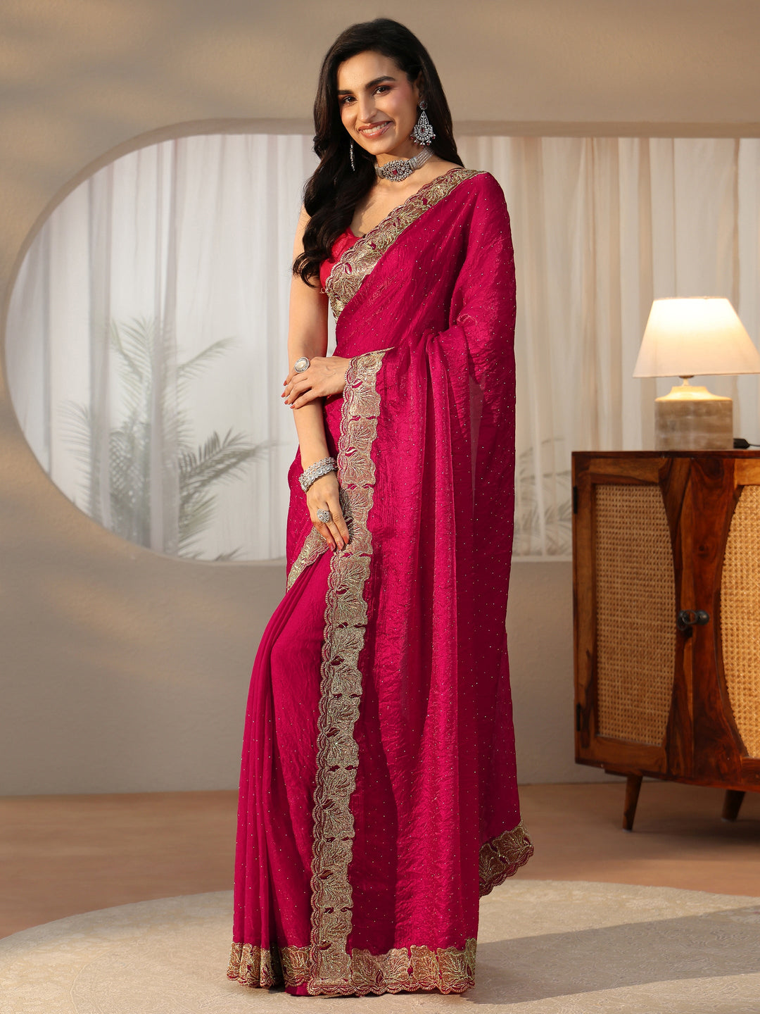  Libas Rose Pink Embellished Tissue saree 