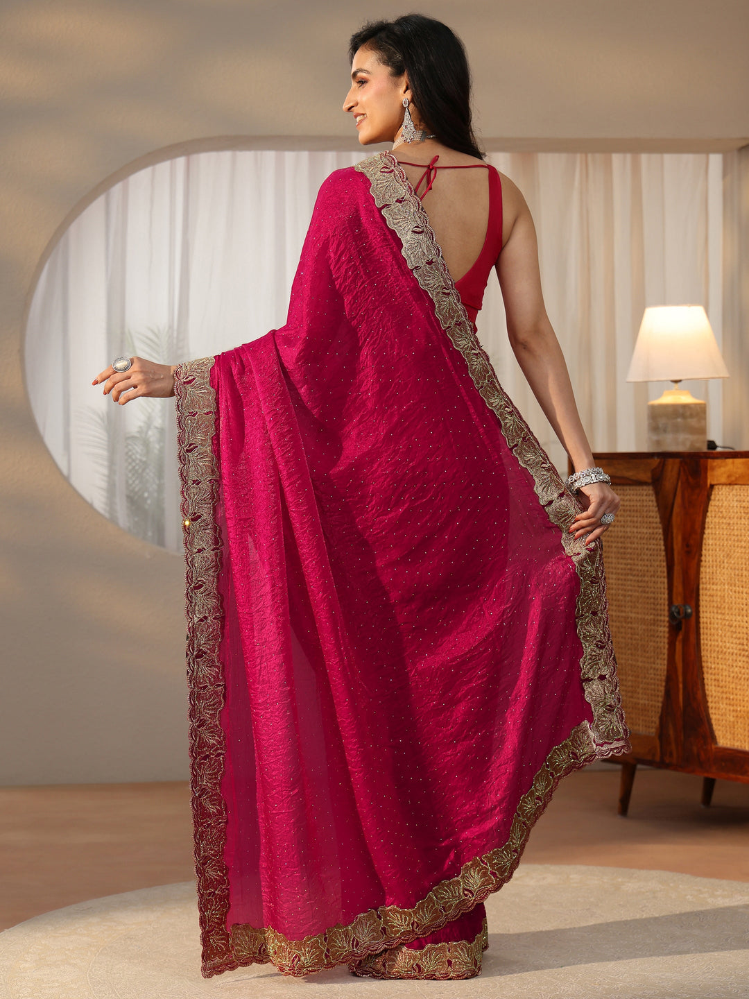  Libas Rose Pink Embellished Tissue saree 