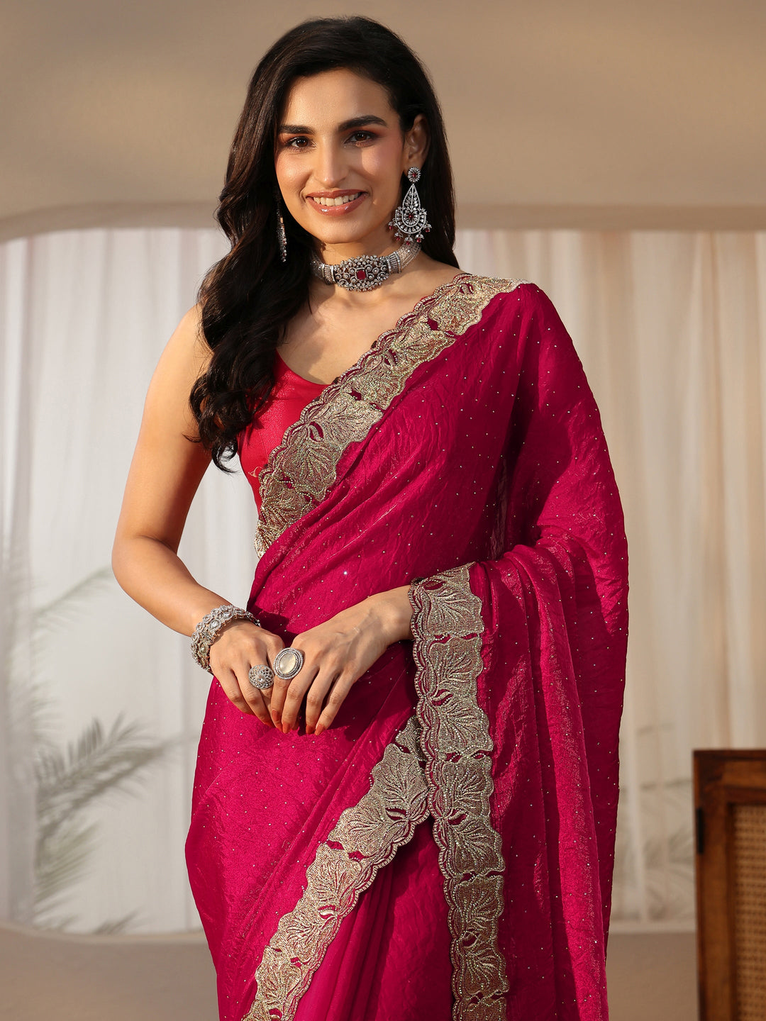  Libas Rose Pink Embellished Tissue saree 