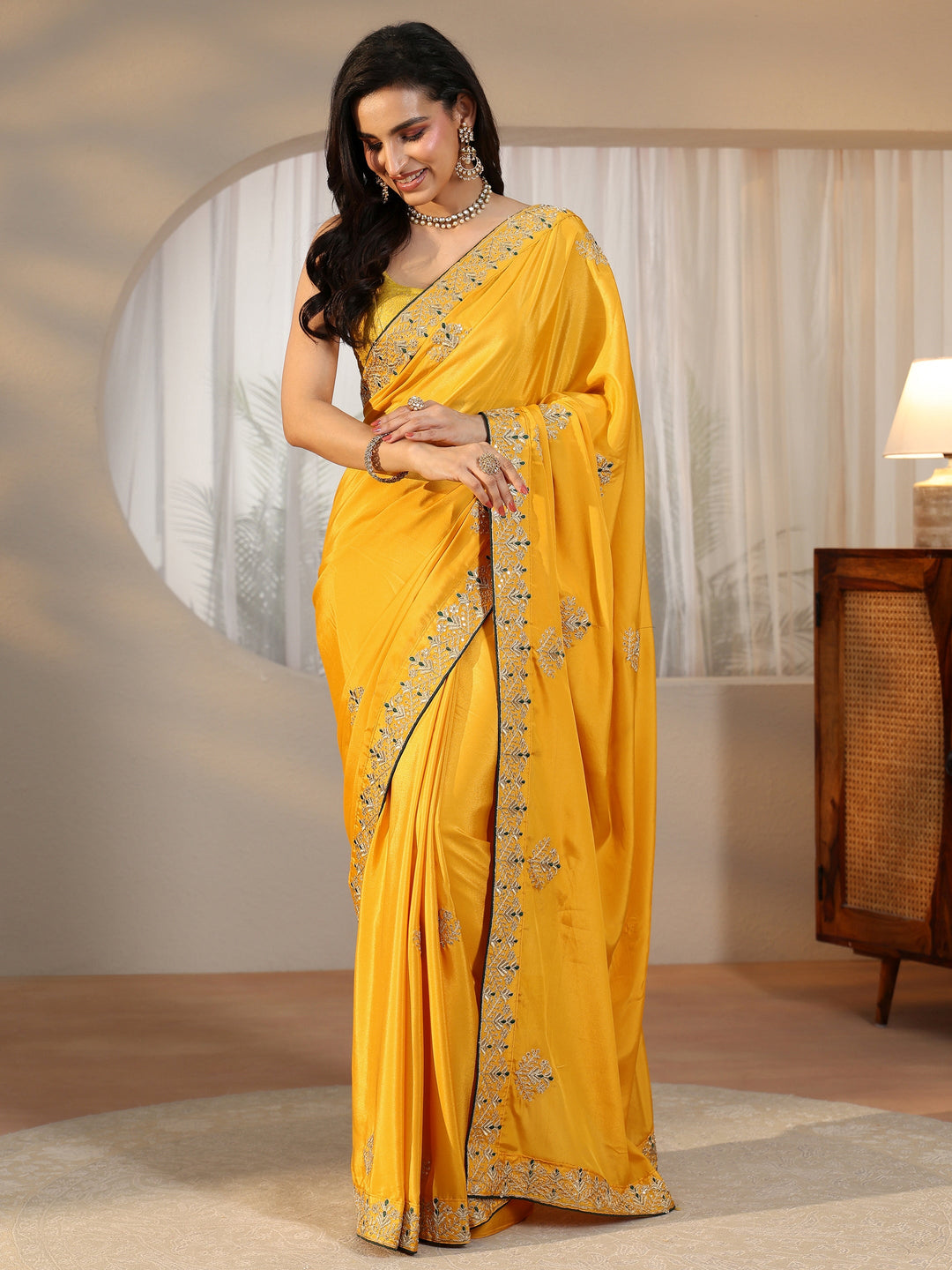  Libas Mustard Floral Embroidered Satin Saree 