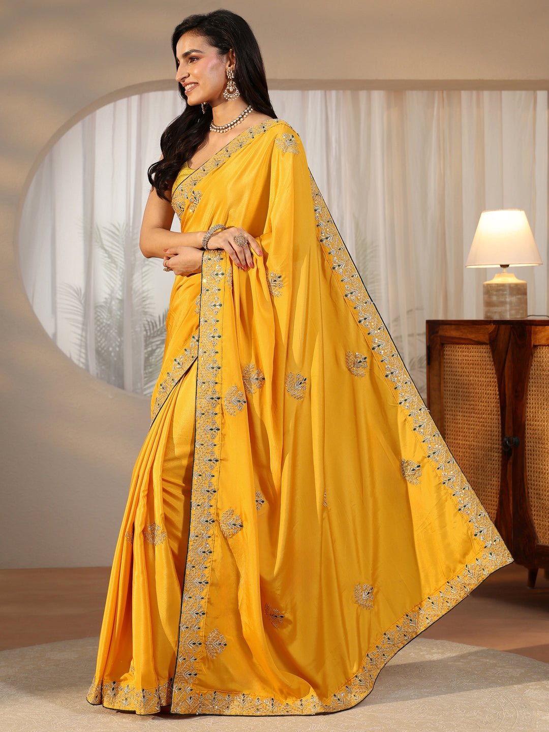  Libas Mustard Floral Embroidered Satin Saree 