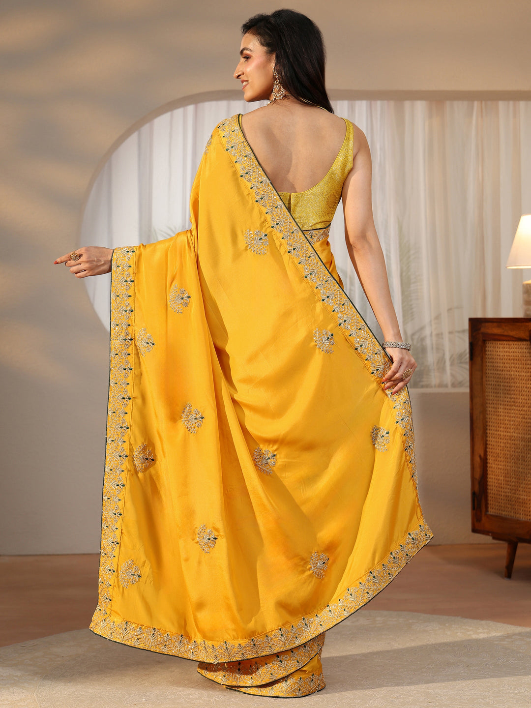  Libas Mustard Floral Embroidered Satin Saree 