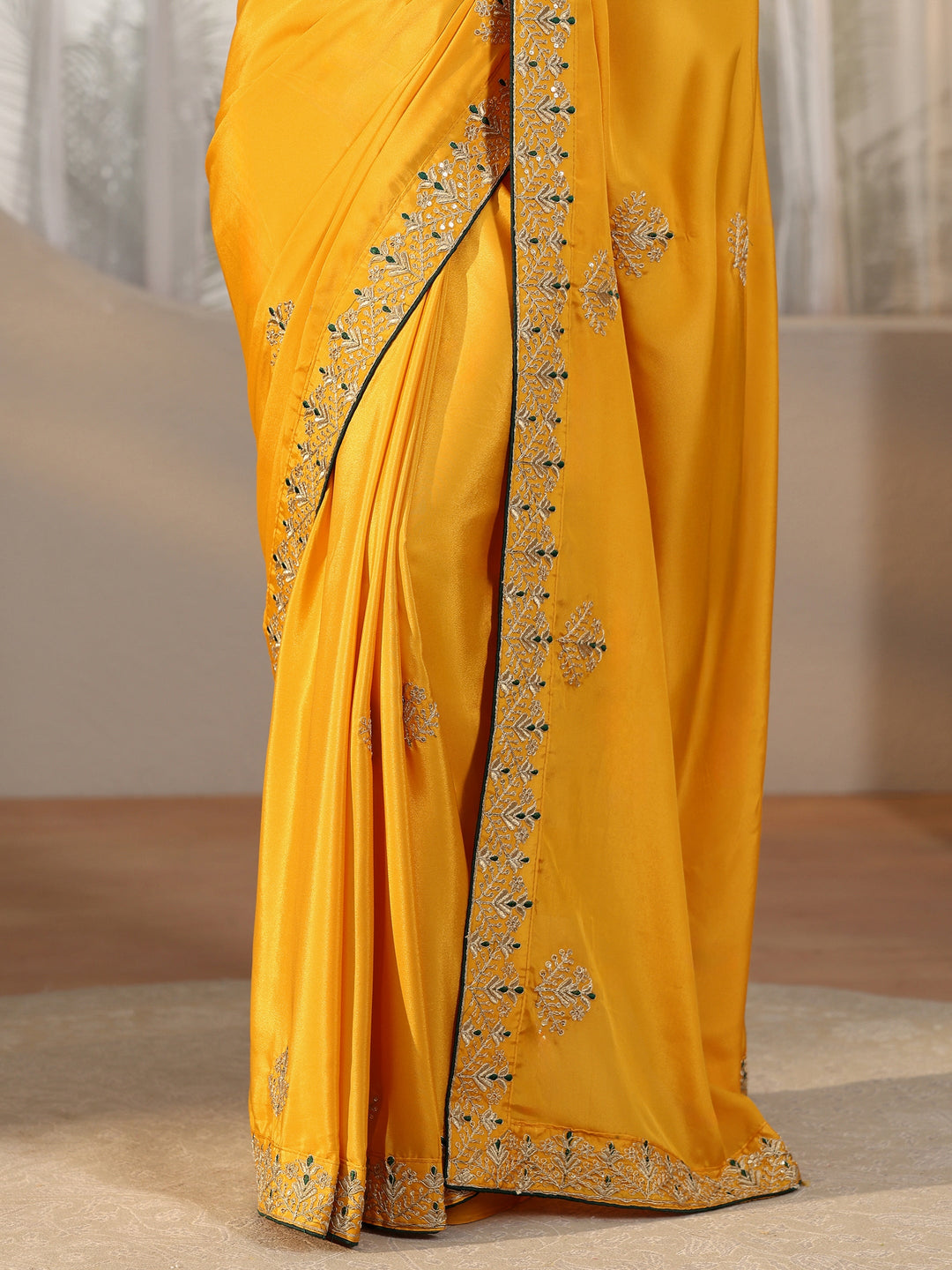  Libas Mustard Floral Embroidered Satin Saree 