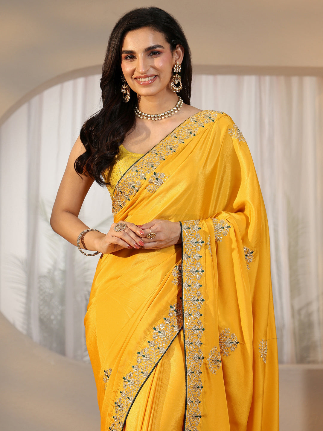  Libas Mustard Floral Embroidered Satin Saree 