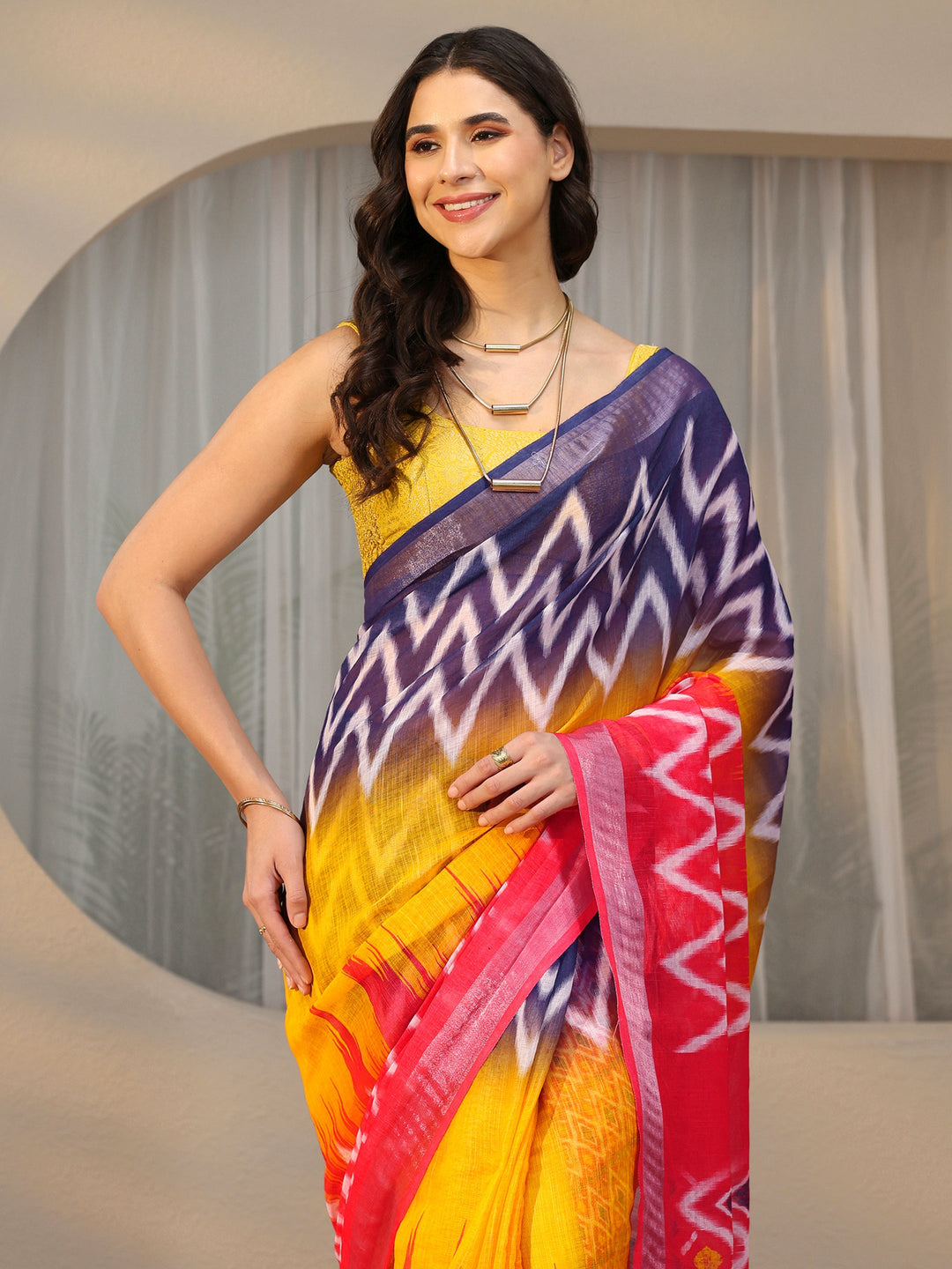  Libas Multi Colour Ikat Style Chevron Printed Cotton Blend Saree 