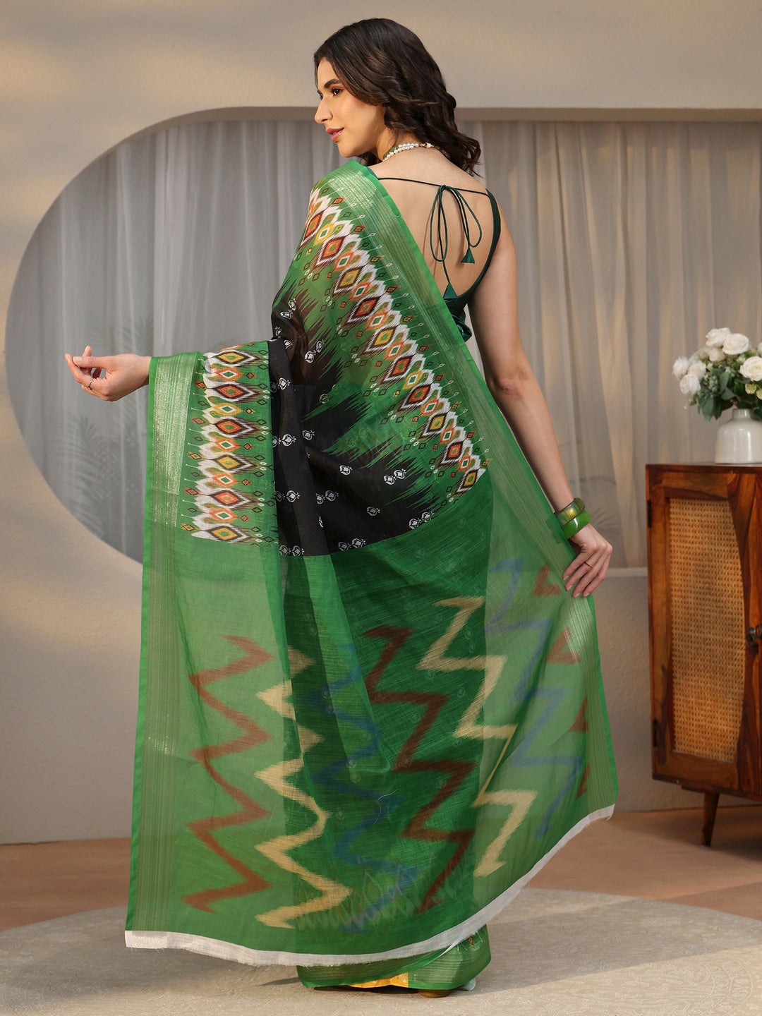  Libas Black Ikat-Style Printed Cotton Blend Saree 
