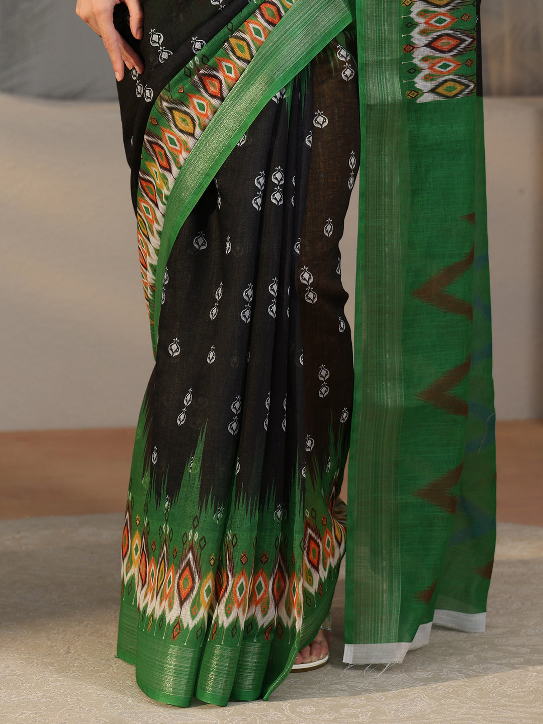  Libas Black Ikat-Style Printed Cotton Blend Saree 