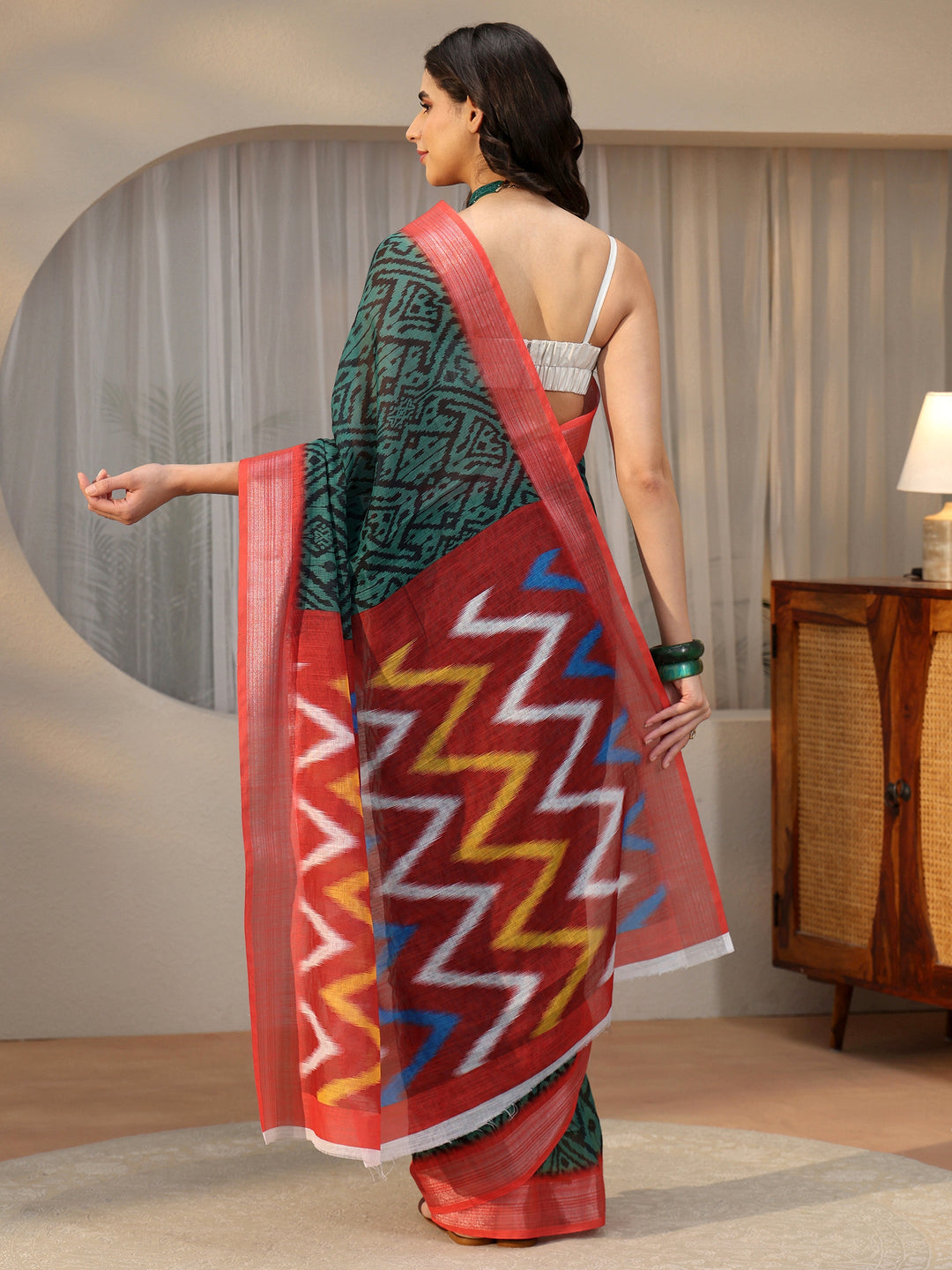  Libas Multi Colour Ikat Style Chevron Printed Cotton Blend Saree 