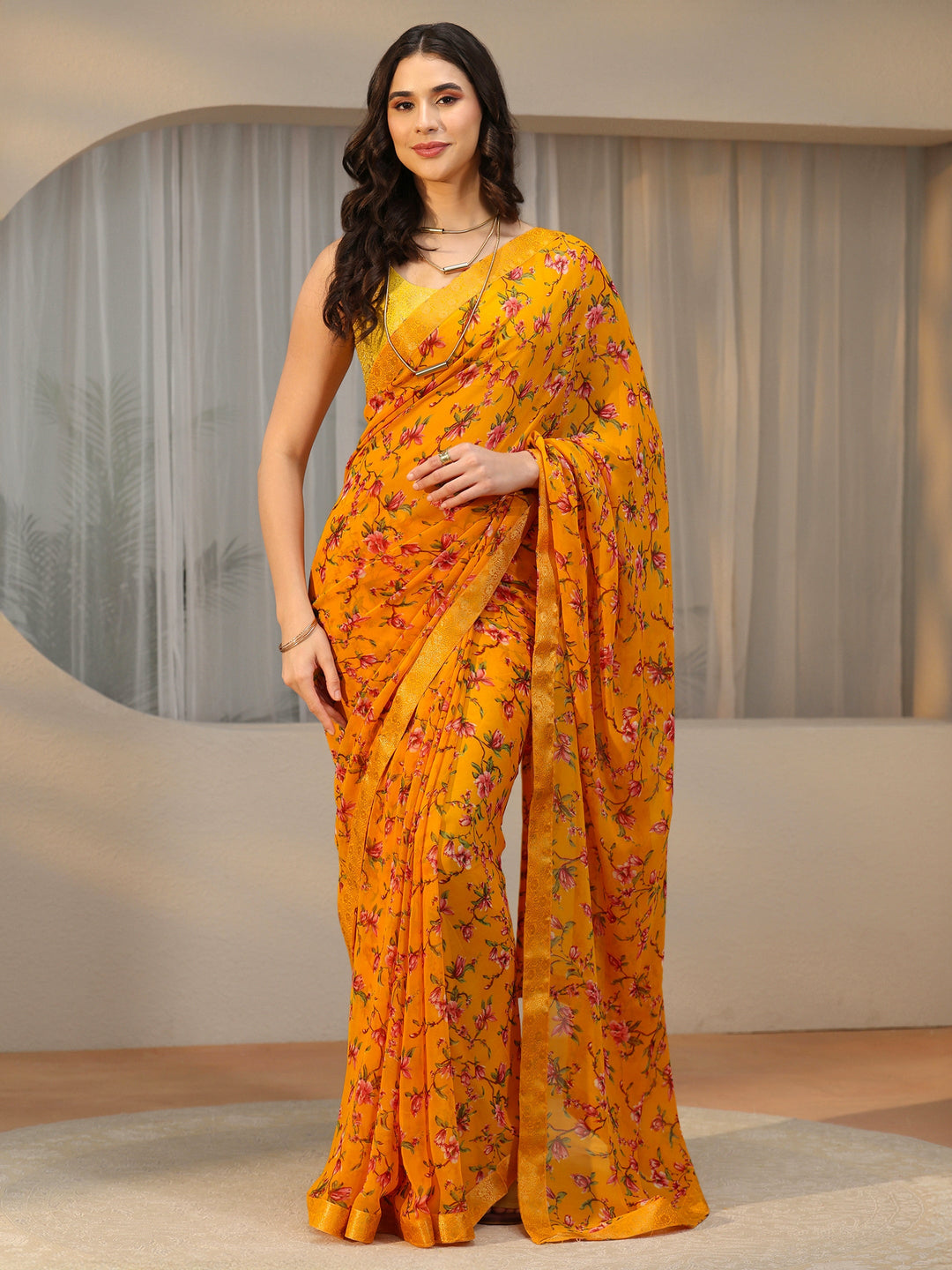  Libas Mustard Floral Printed Georgette Saree 