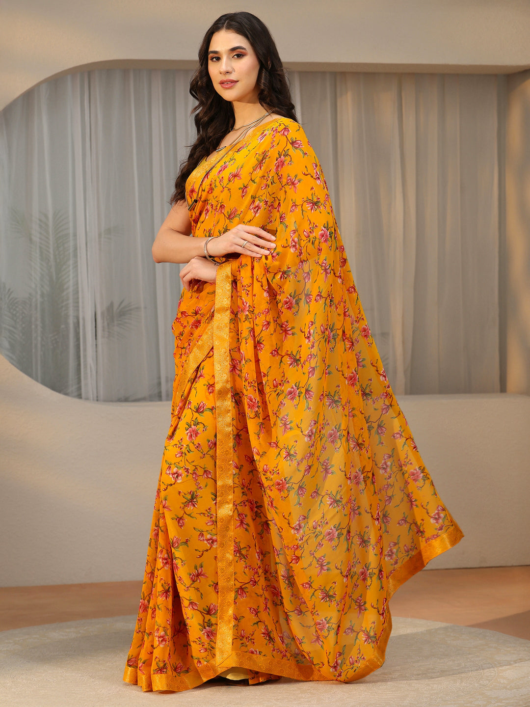  Libas Mustard Floral Printed Georgette Saree 