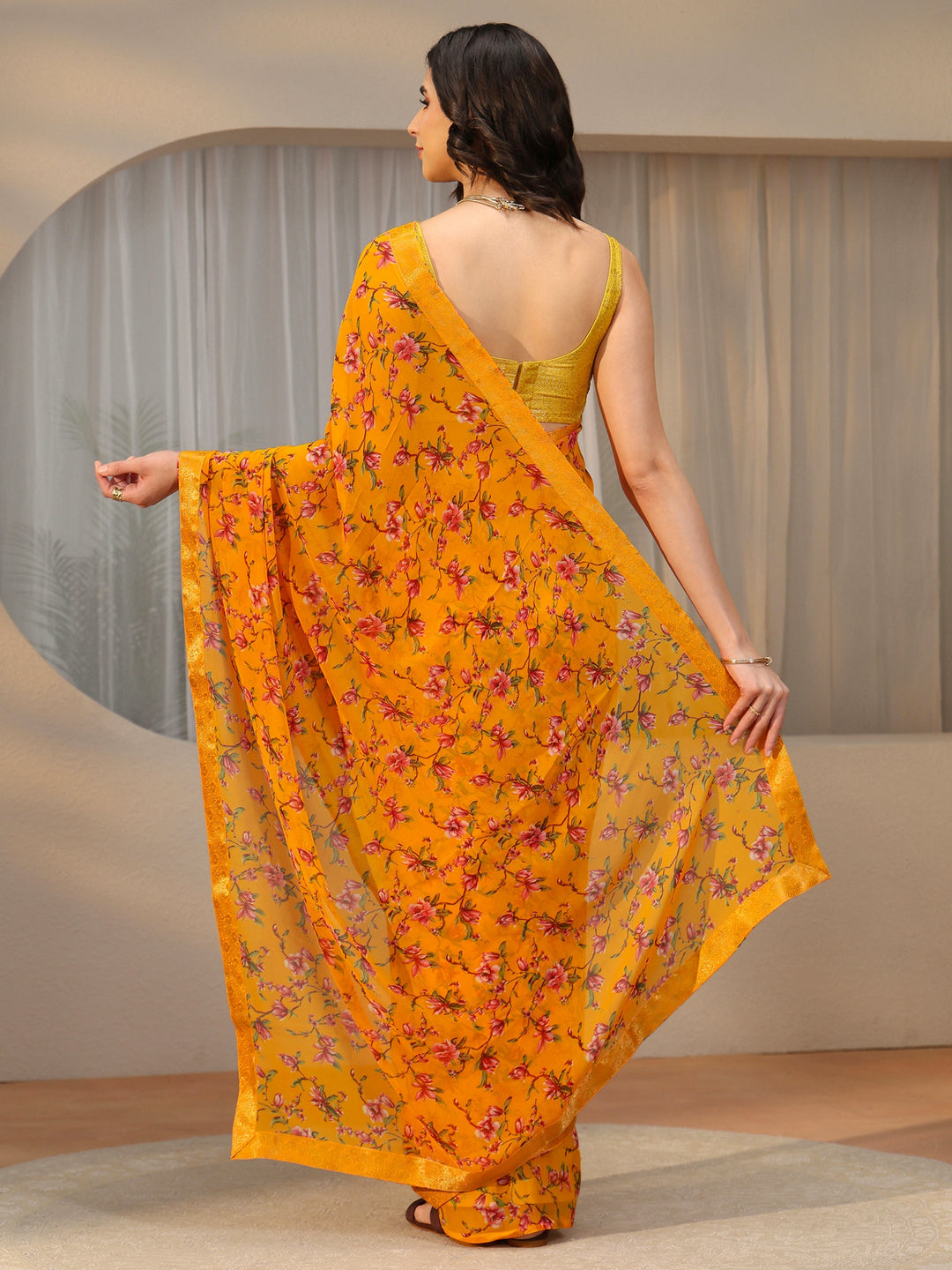  Libas Mustard Floral Printed Georgette Saree 