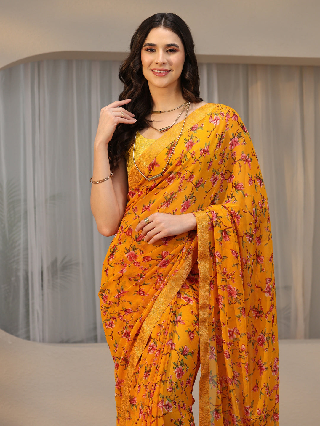  Libas Mustard Floral Printed Georgette Saree 