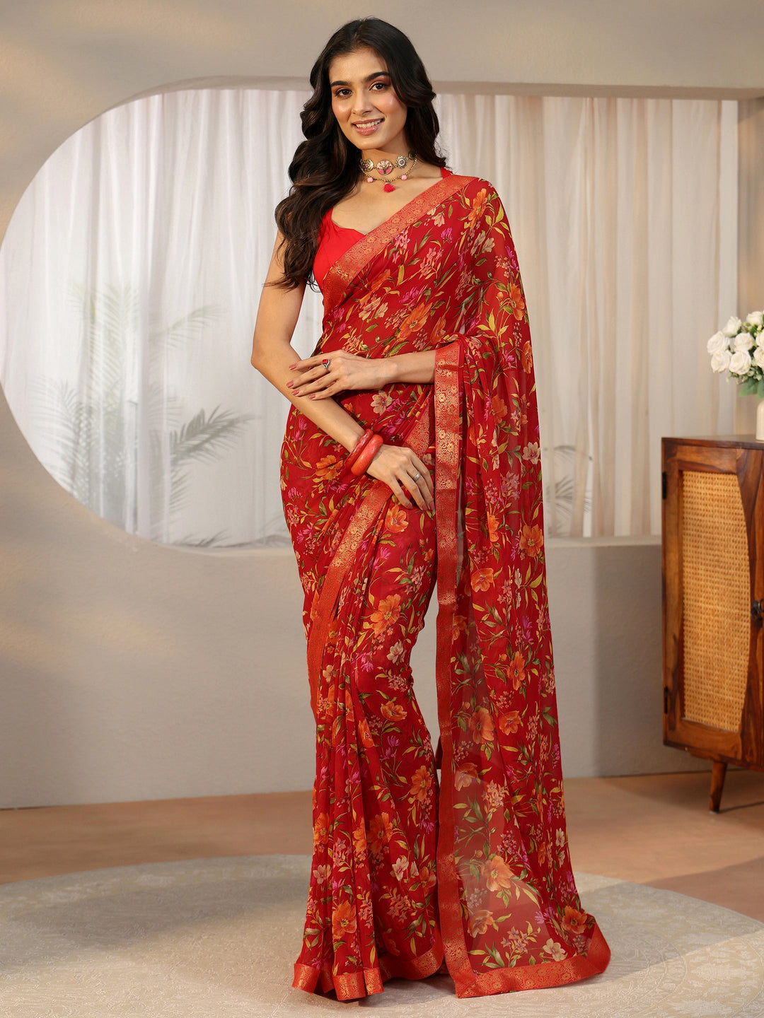  Libas Vermilion Red Floral Printed Georgette Saree 