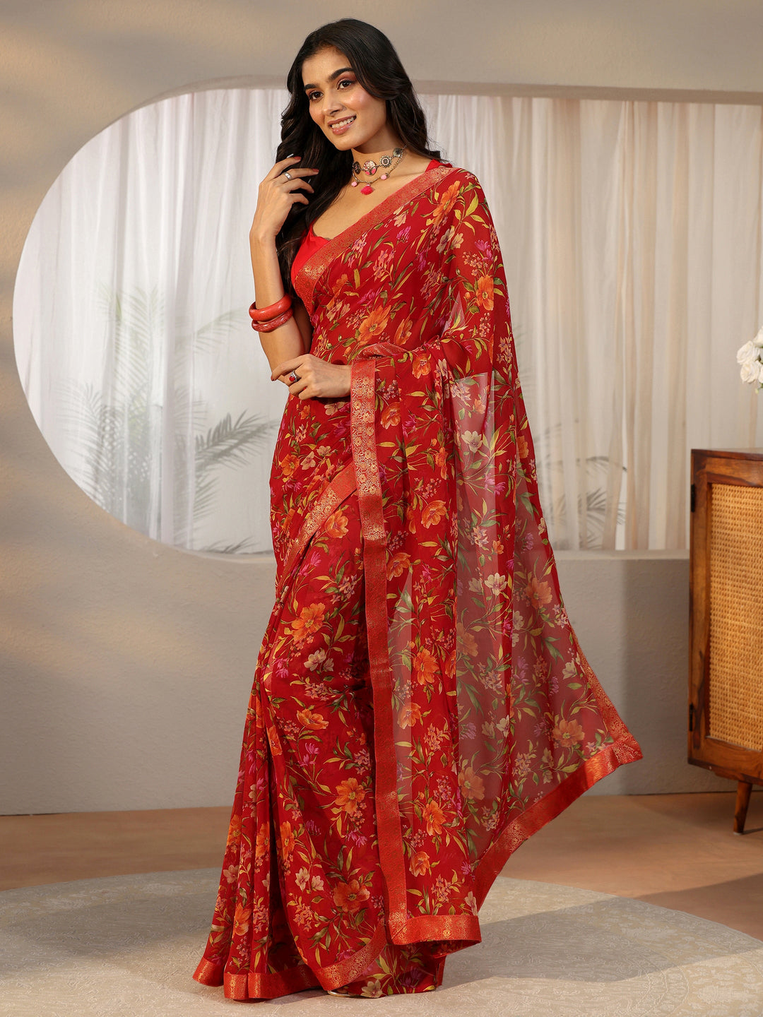  Libas Vermilion Red Floral Printed Georgette Saree 
