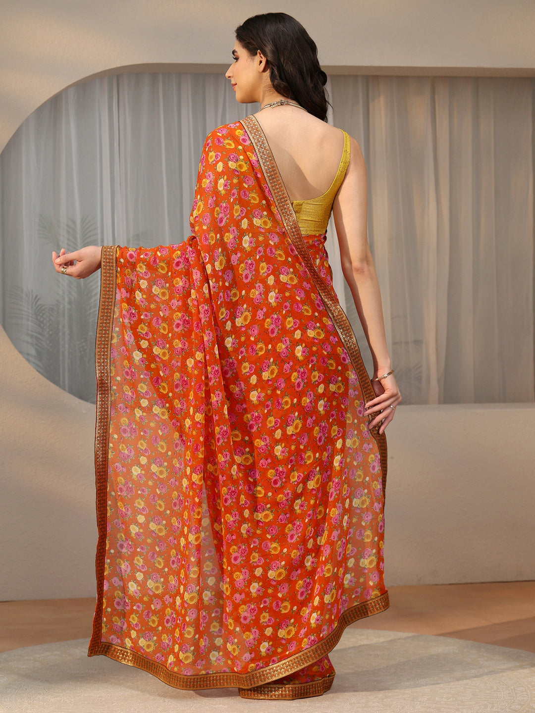  Libas Orange Floral Printed Georgette Saree 