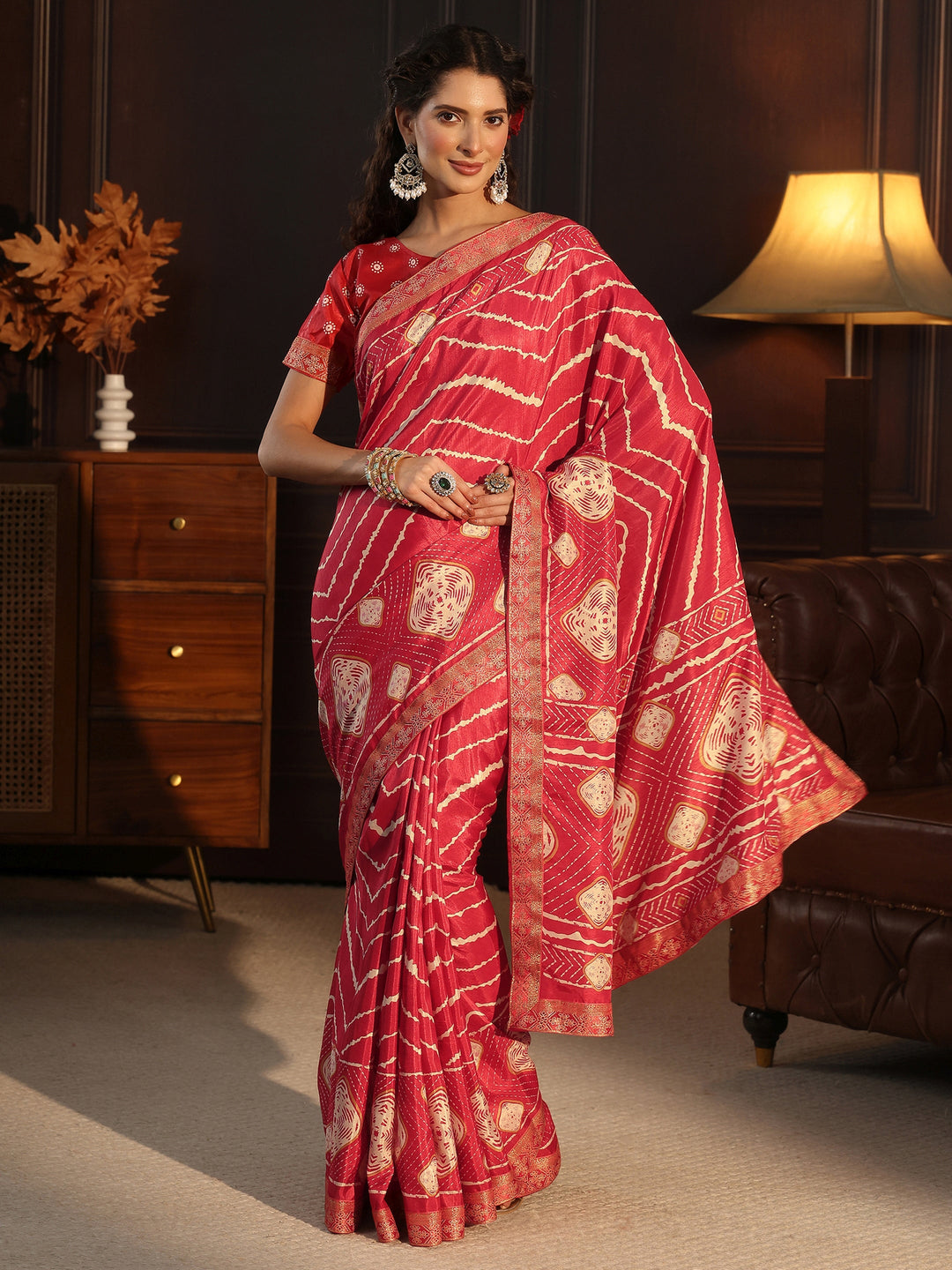  Libas Red Chevron Printed Silk Blend Saree 