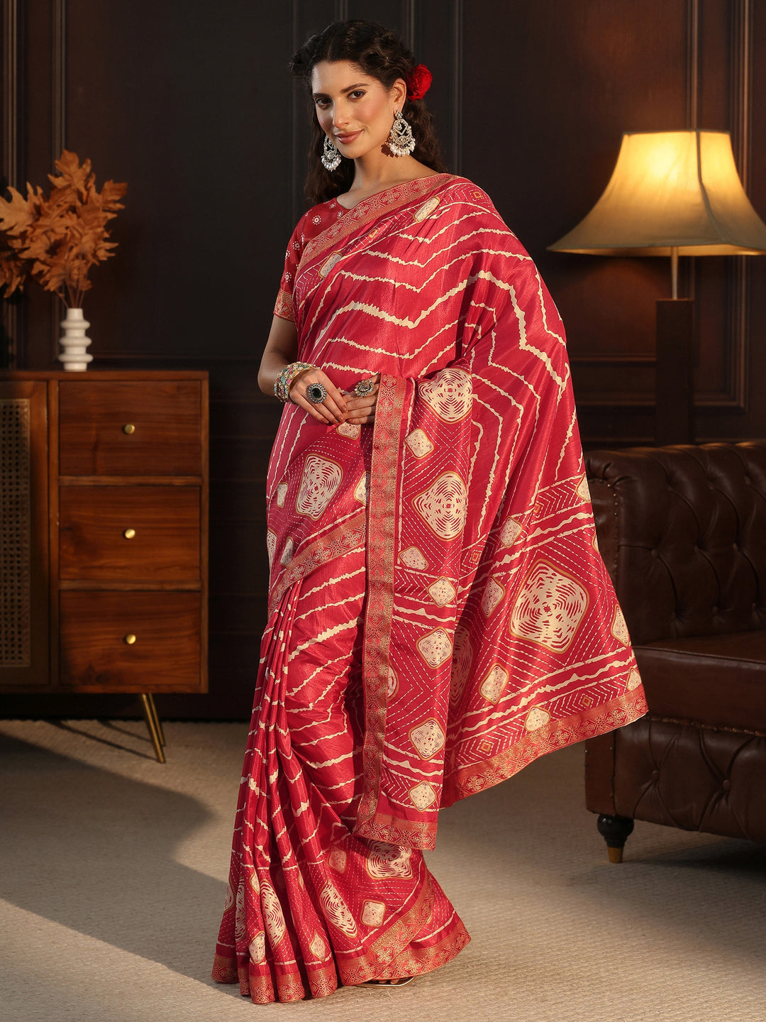  Libas Red Chevron Printed Silk Blend Saree 