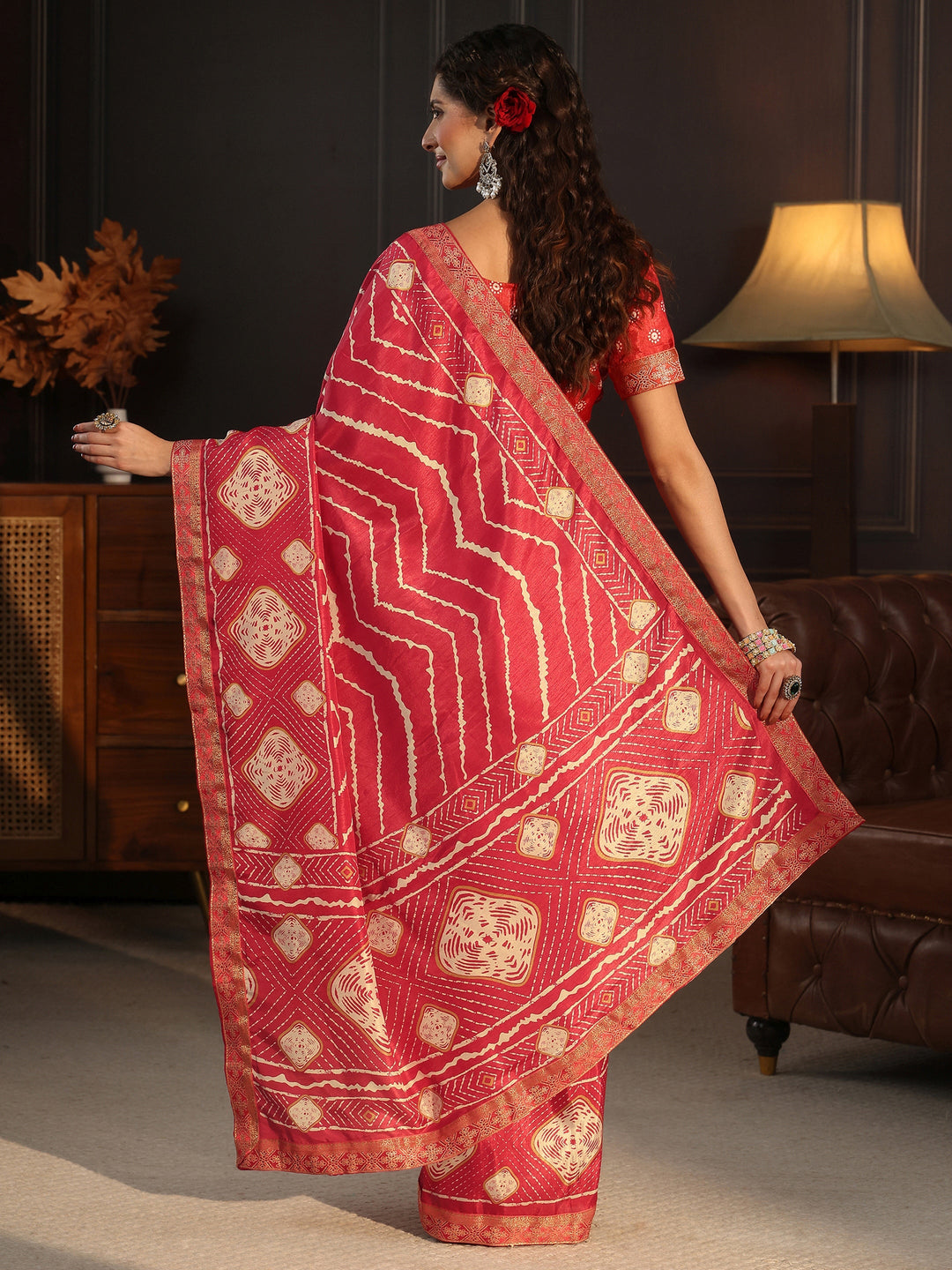  Libas Red Chevron Printed Silk Blend Saree 