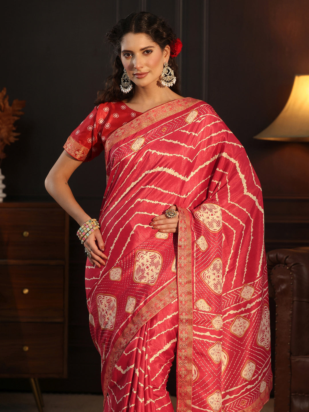  Libas Red Chevron Printed Silk Blend Saree 