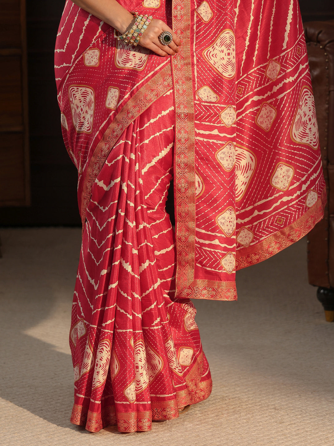  Libas Red Chevron Printed Silk Blend Saree 