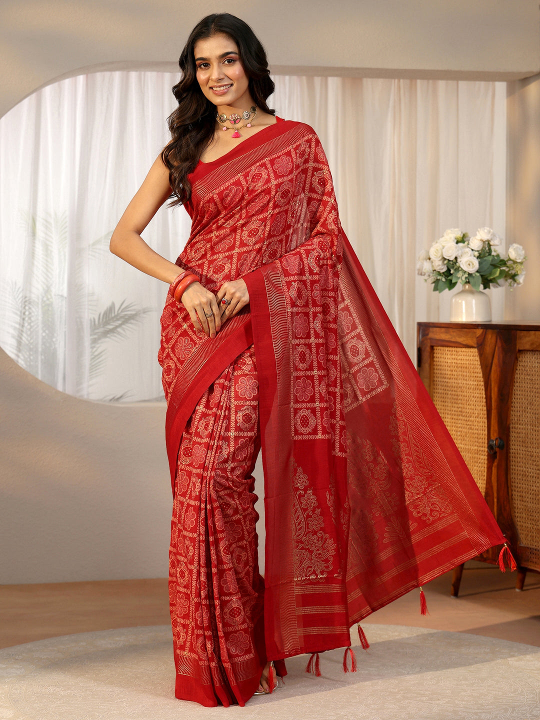  Libas Vermilion Red Gharchola Silk Blend Saree 