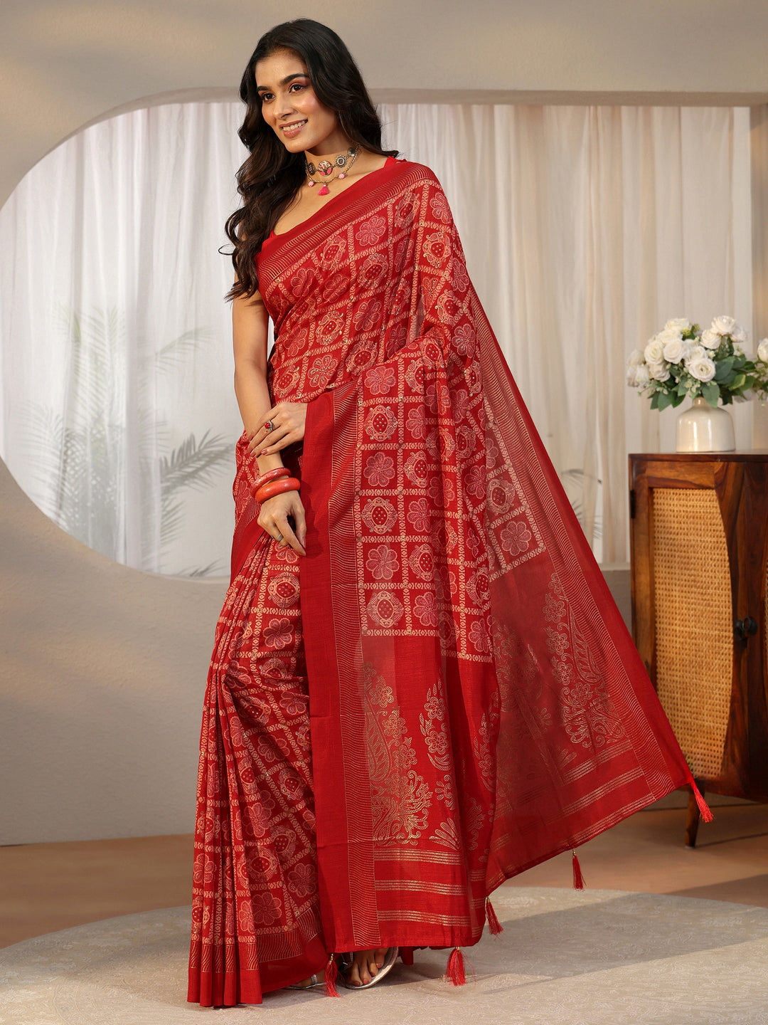  Libas Vermilion Red Gharchola Silk Blend Saree 