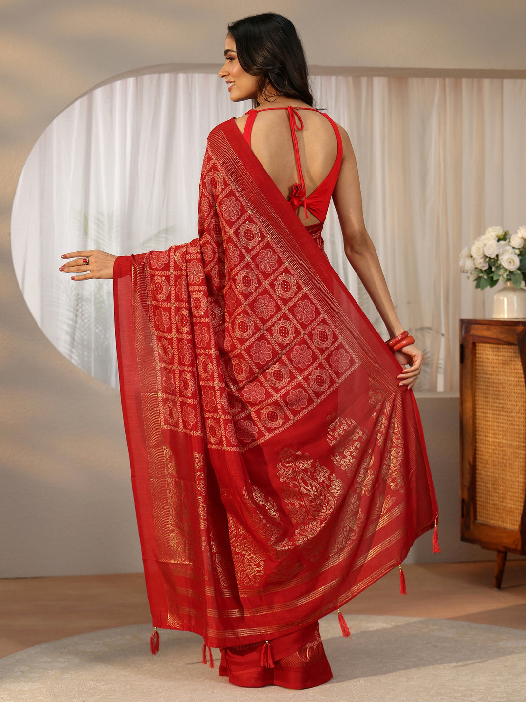  Libas Vermilion Red Gharchola Silk Blend Saree 